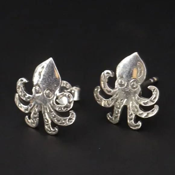 Vintage Sterling Silver Octopus Post Earrings - SIGNED - Picture 2 of 5